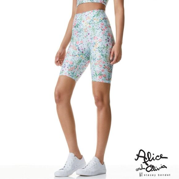 ALICE + OLIVIA **NWT** Aaron High Waist Biker Shorts Coastal Gardens Powder Blue